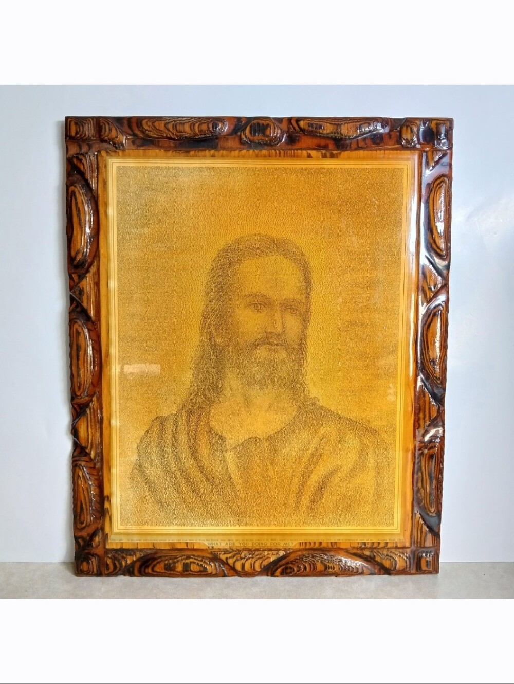 Vintage Wood Jesus Portrait 63,000 Letters Gospel Laminated Wall Haning Folk Art